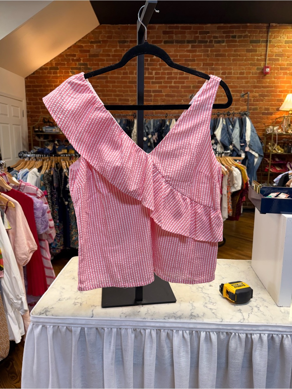 Vineyard Vines Pink Seersucker Ruffle V-Neck Camisole
